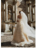 Off Shoulder Champagne Tulle Ruffled Luxurious Wedding Dress